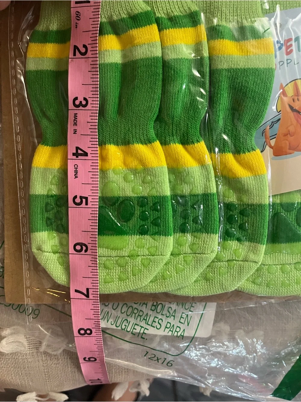 Non-Branded Green & Yellow Striped Dog Socks with Anti-Slip Soles